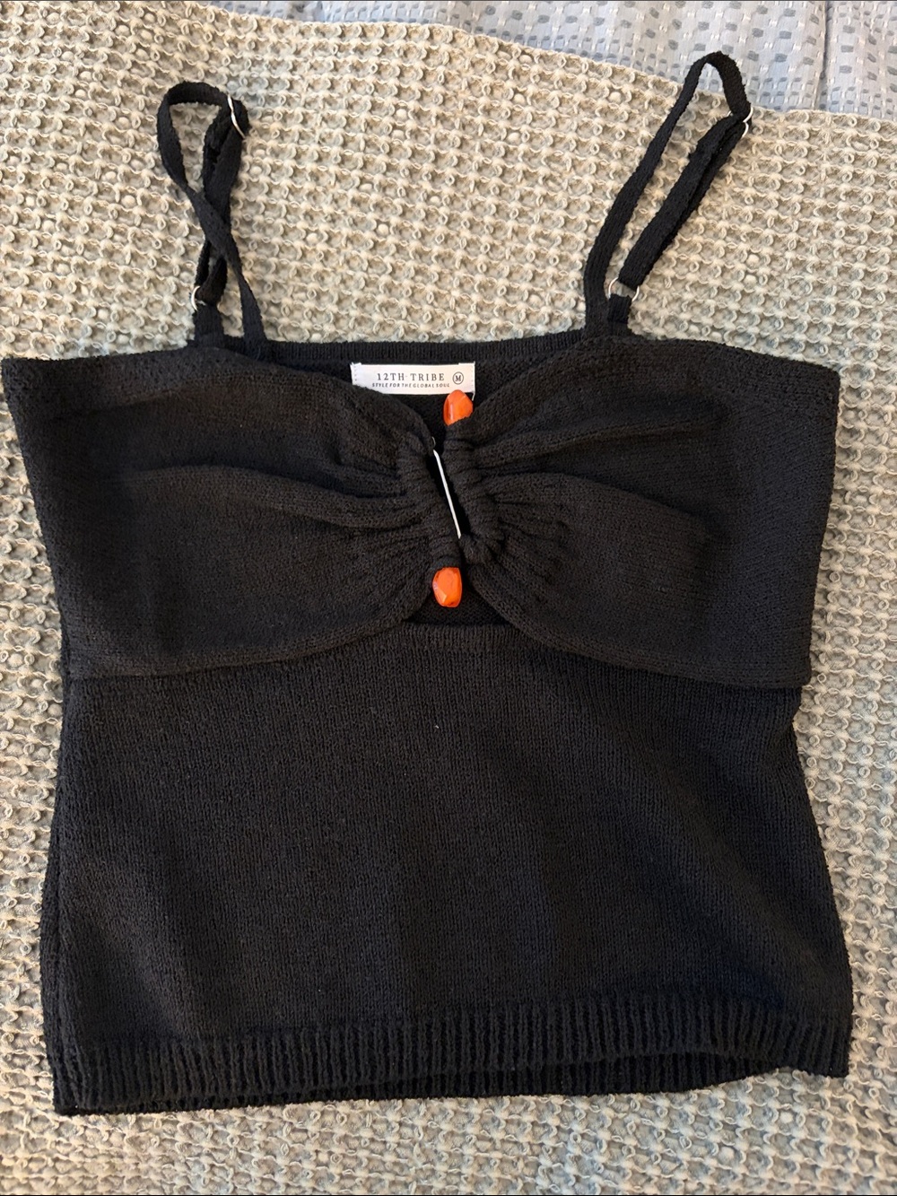 12th Tribe Black Knit Camisole with Orange Bead Accents